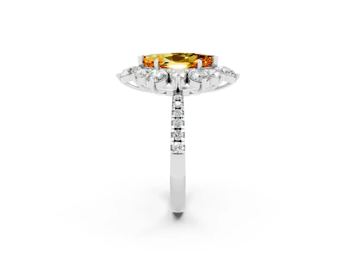 Marquise Cut Citrine Floral Halo Ring with Round Pavé Band and Prong Setting Platinum