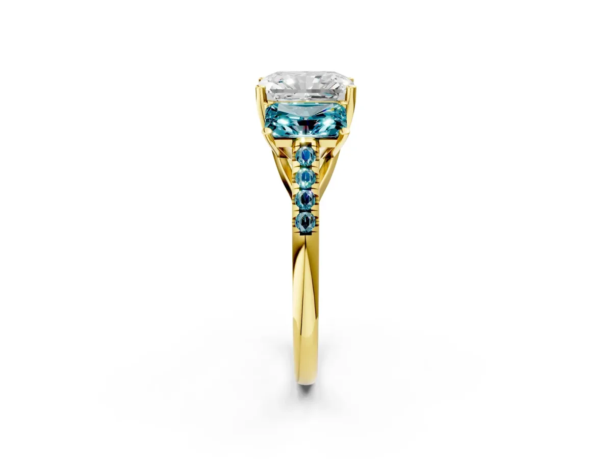 Three-Stone Radiant Cut Diamond Ring with Round Blue Topaz Pavé Band and Prong Setting Yellow gold