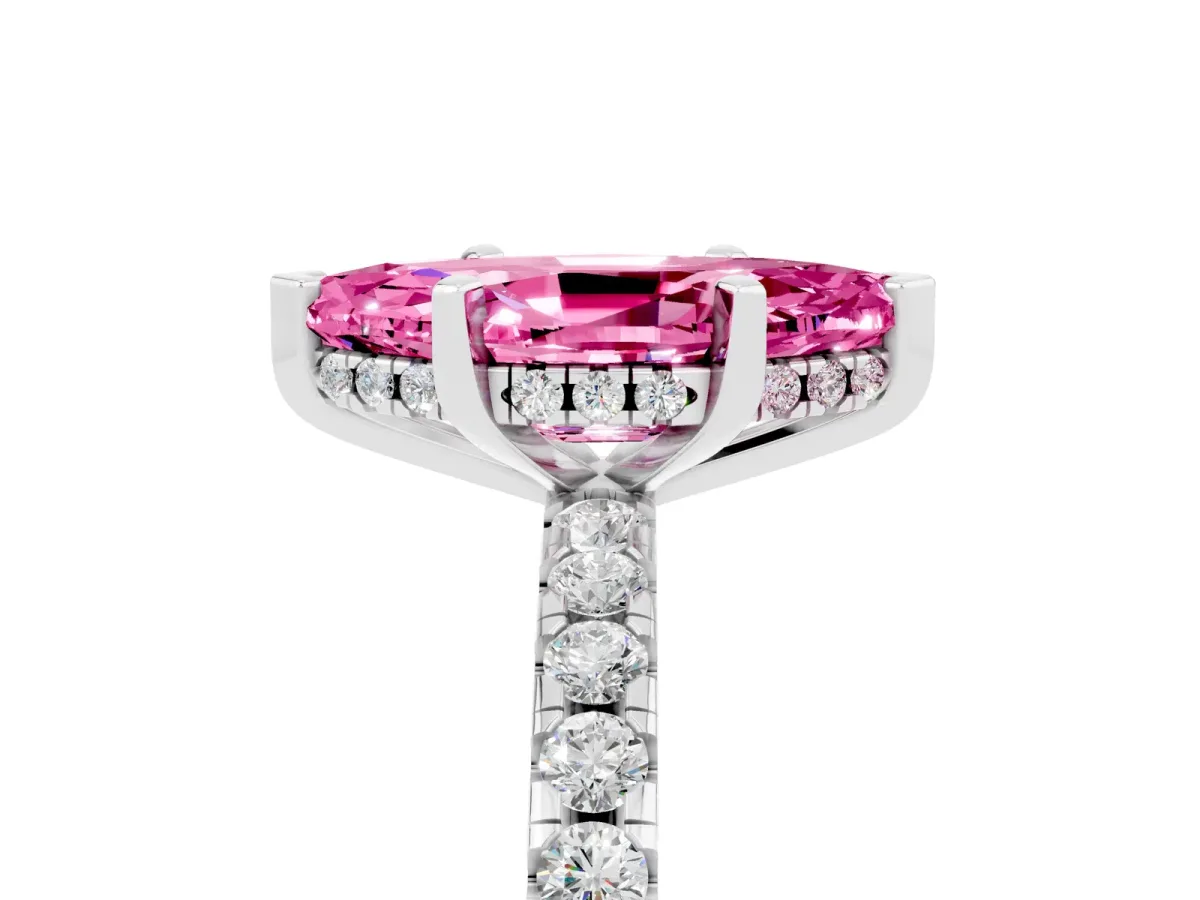 Marquise Cut Pink Sapphire Solitaire Ring with Round Pavé Band and Four-Prong Setting Silver