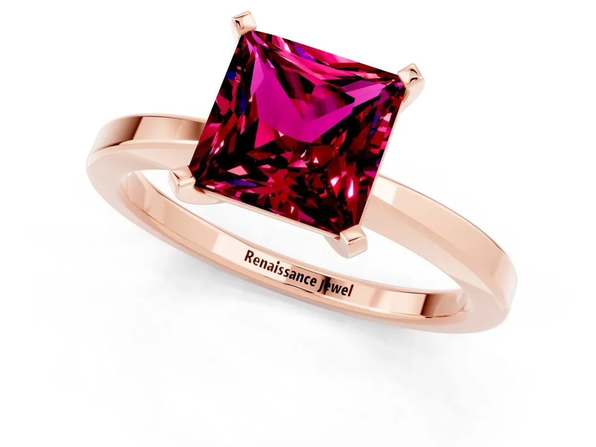Princess Cut Garnet Solitaire Engagement Ring with Classic Band and Four-Prong Setting Rose gold