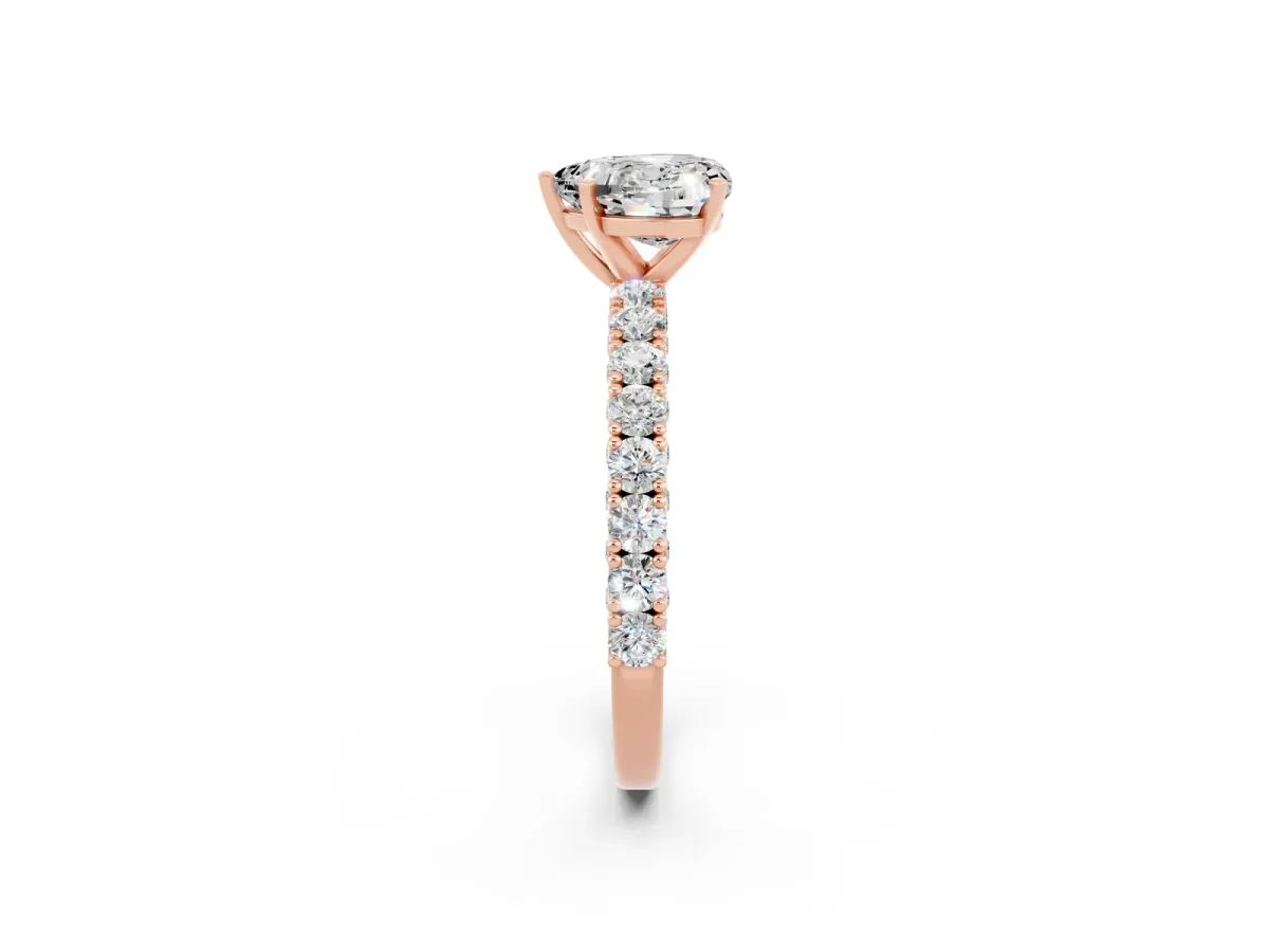 Heart Cut Moissanite Solitaire Ring with Round Accent Pavé Band and Prong Setting Rose gold