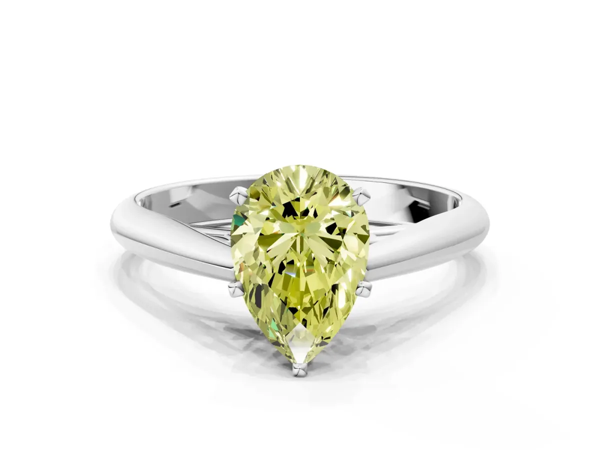 Fancy Yellow Pear Cut Diamond Solitaire Engagement Ring with Cathedral Setting and Four-Prong Mount Platinum