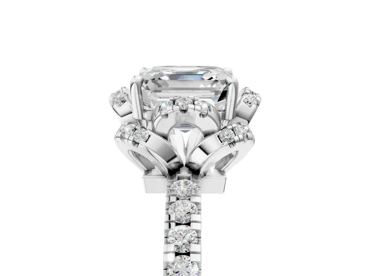 Asscher Cut Halo Diamond Pave Band Ring with Four-Prong Setting Platinum