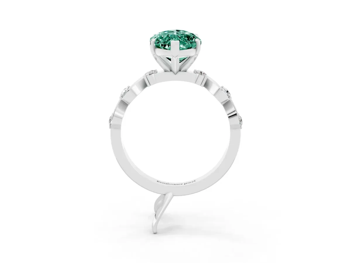 Marquise Cut Green Sapphire Solitaire Twisted Band with Round Accents and Prong Setting Platinum