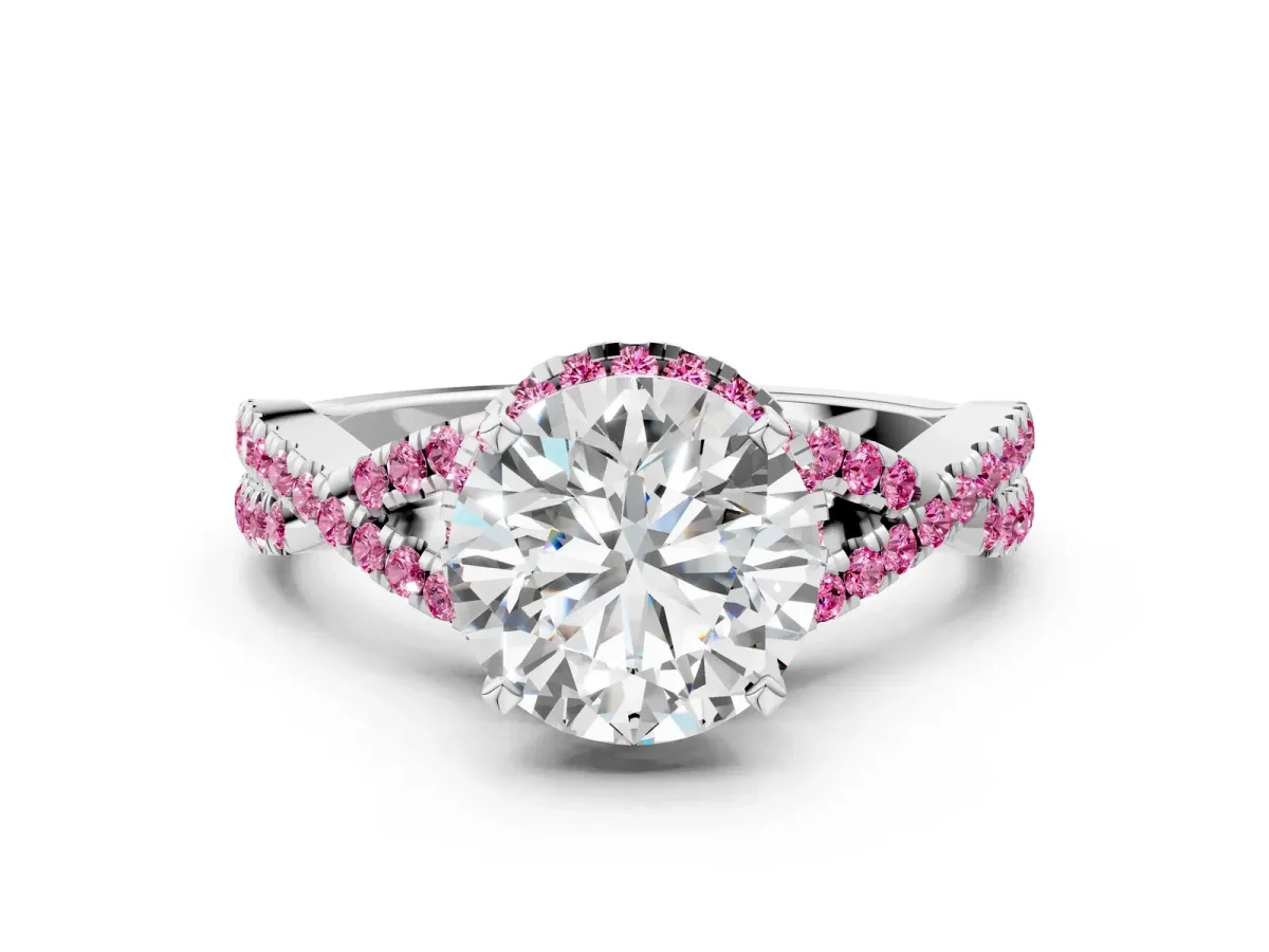 Round Cut Diamond Pink Sapphire Halo Twist Band Solitaire Prong Setting Ring White gold