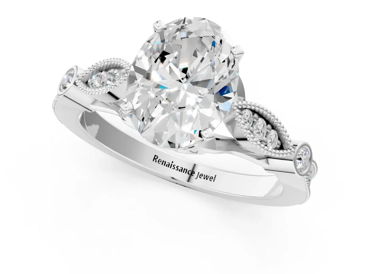 Oval Cut Cut Diamond with Milgrain Marquise and Bezel Accents on a Solitaire Band with Prong Setting Silver