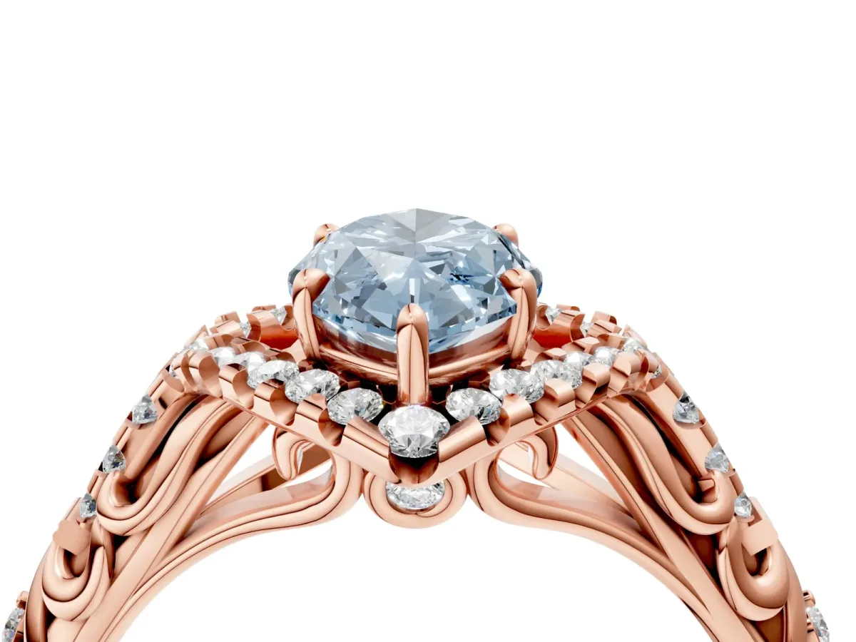 Fancy Blue Marquise Cut Diamond Solitaire Ring with Hidden Halo and Pavé Band Rose gold