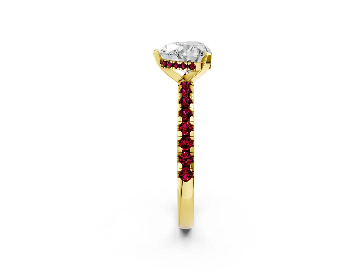 Heart Cut Diamond Solitaire Ring with Round Garnet Pavé Band and Four-Prong Setting Yellow gold