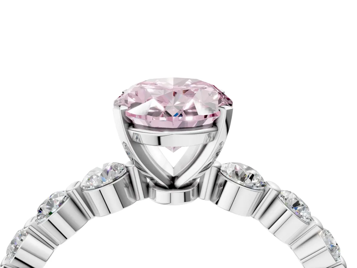 Fancy Pink Oval Cut Solitaire Diamond Ring with Pave Band and Four-Prong Setting Silver