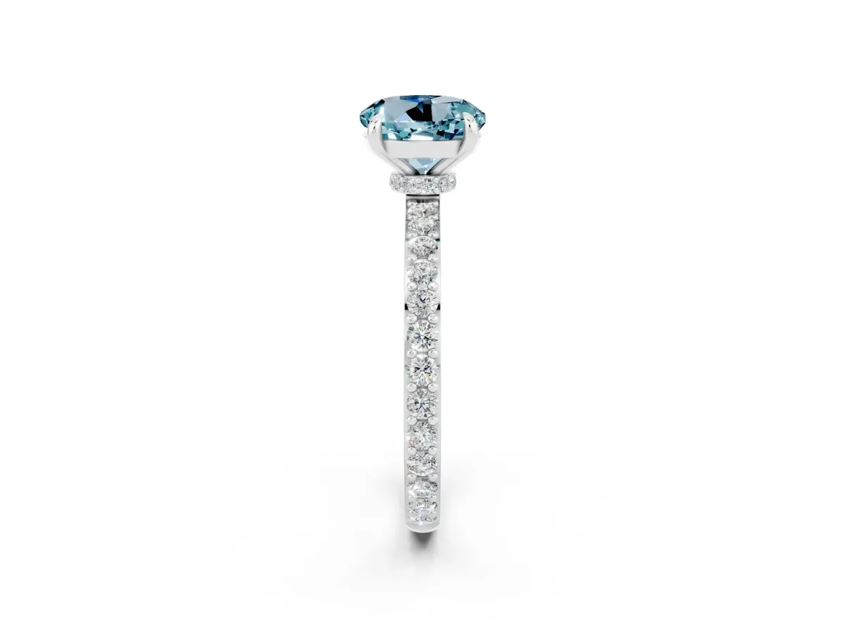 Round Cut Aquamarine Solitaire Engagement Ring with Pavé Band and Four-Prong Setting White gold