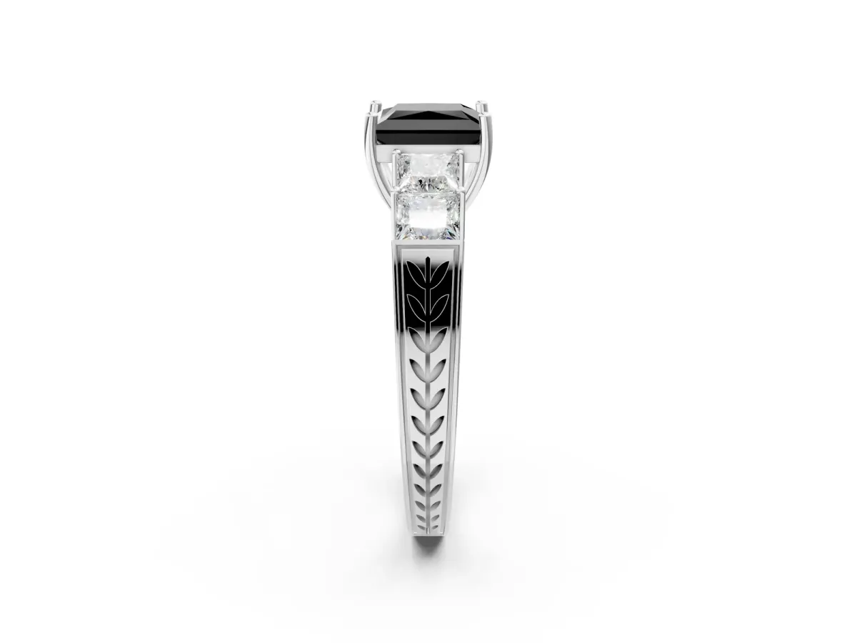 Fancy Black Princess Cut Solitaire Princess Side Stone Engraved Band Prong Setting Ring Platinum