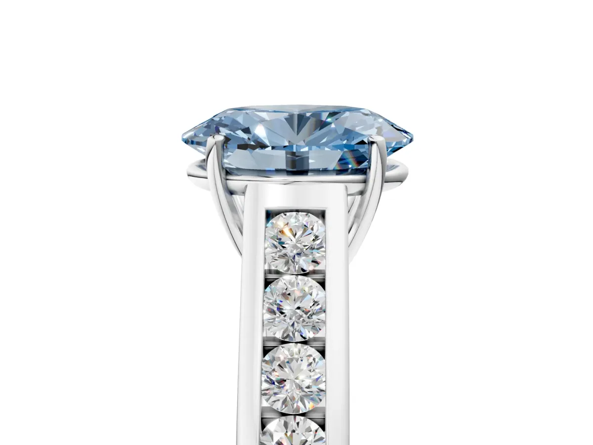 Fancy Blue Oval Cut Brilliant Channel-Set Solitaire Ring with Four-Prong Setting White gold
