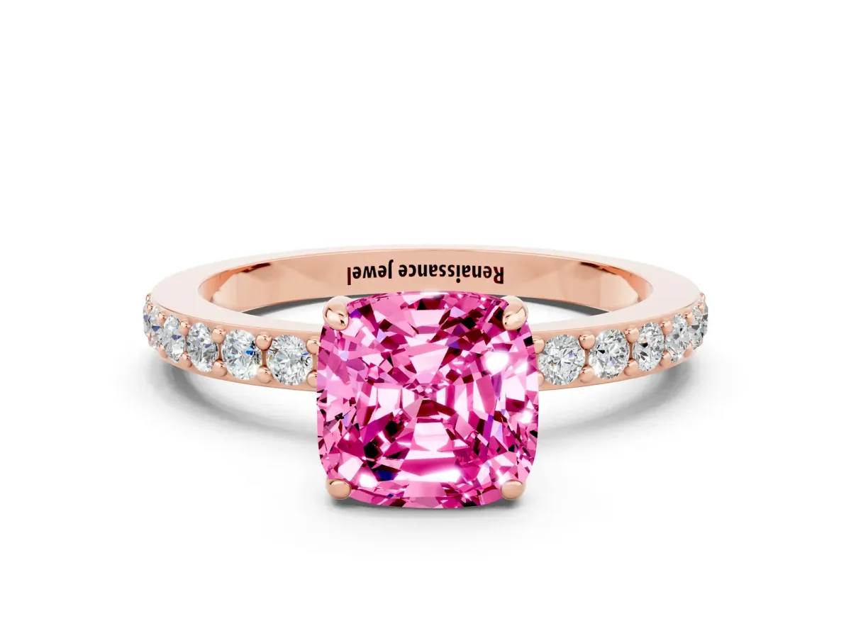 Cushion Cut Pink Sapphire Solitaire Engagement Ring with Pavé Band and Four-Prong Setting Rose gold