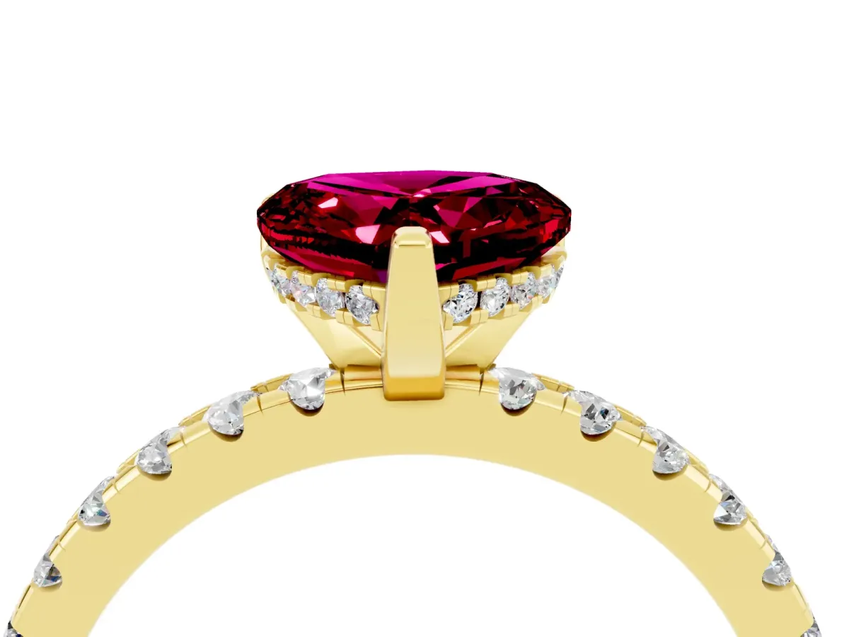 Heart Cut Garnet Solitaire Ring with Round Pavé Band and Four-Prong Setting Yellow gold