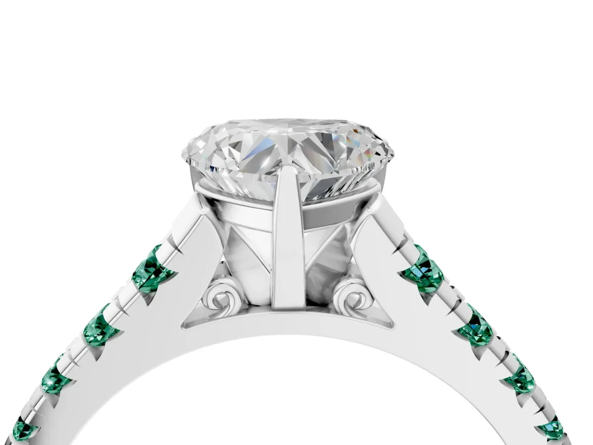 Heart Cut Diamond Cathedral Solitaire Ring with Round Green Sapphire Pavé Band White gold