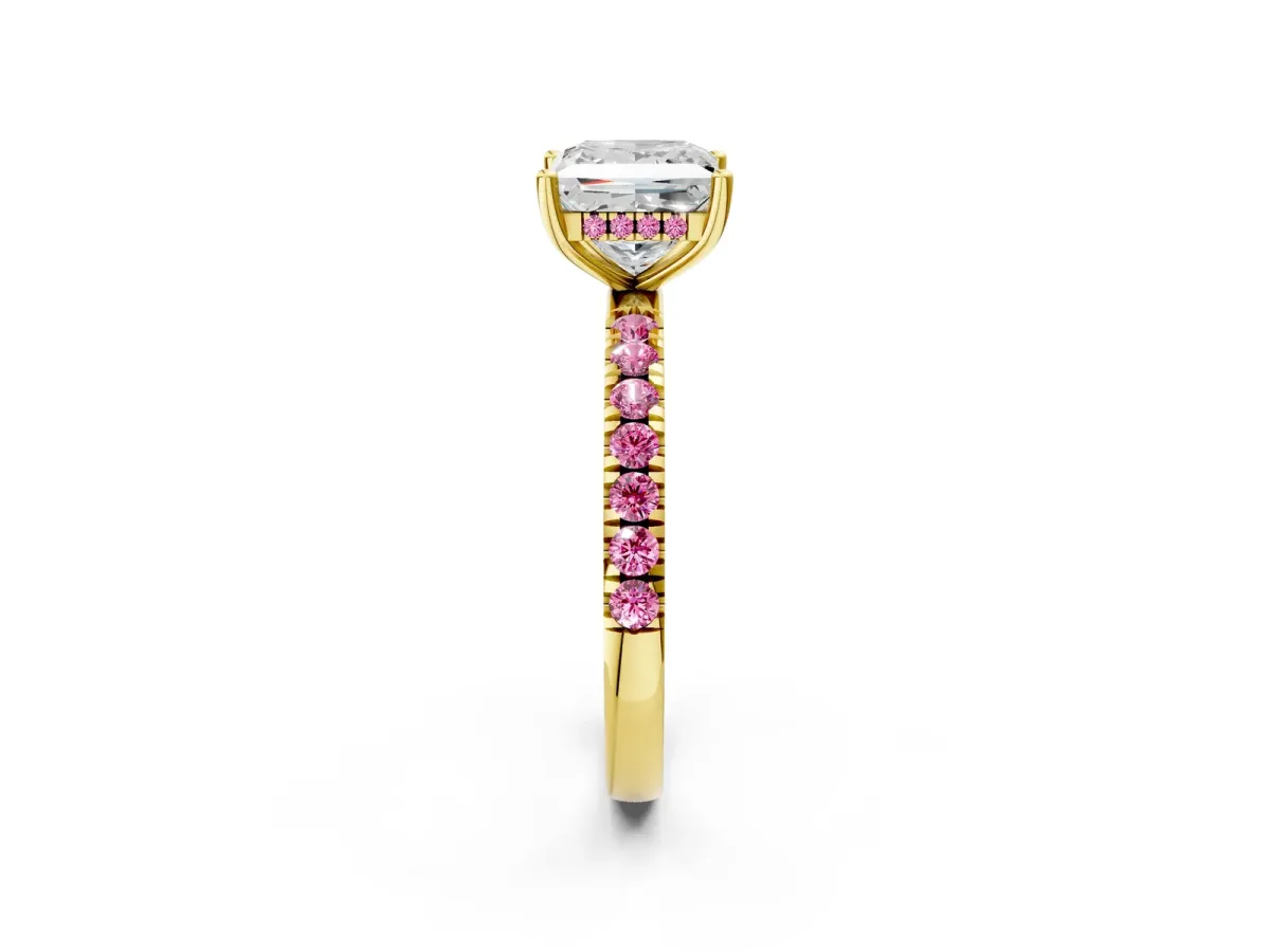 Princess Cut Diamond Pave Band Solitaire Ring with Round Pink Sapphire and Prong Setting Yellow gold
