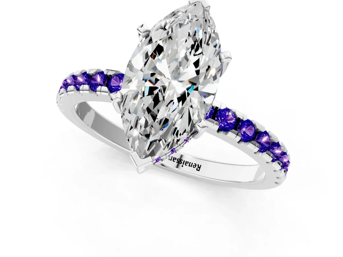 Marquise Cut Diamond Solitaire Ring with Round Tanzanite Pavé Band and Four-Prong Setting White gold