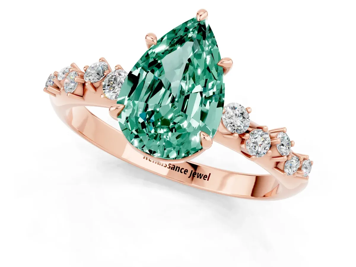 Pear Cut Green Sapphire Cluster Side Stone Solitaire Ring with Prong Setting Rose gold
