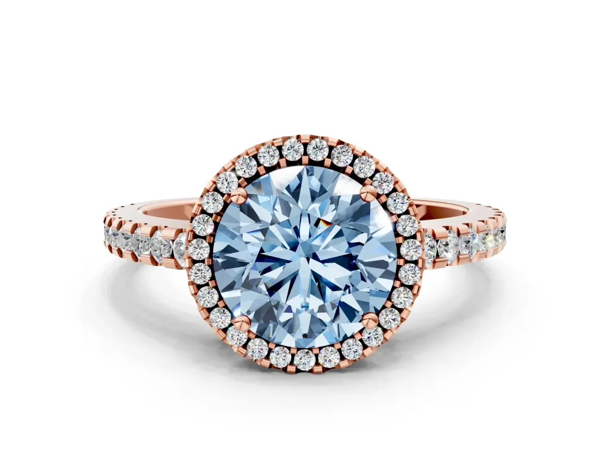 Fancy Blue Round Cut Diamond Halo Engagement Ring with Pavé Band and Prong Setting Rose gold