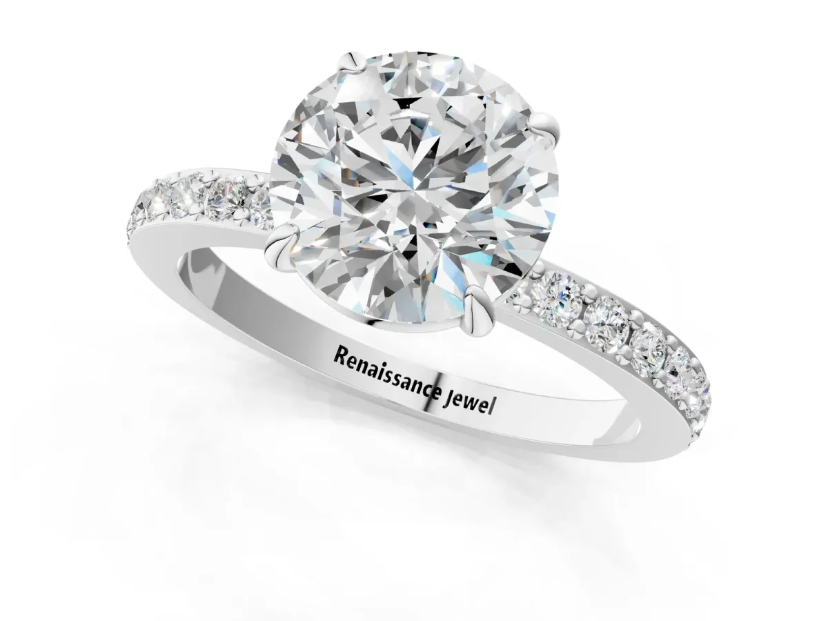 Round Cut Diamond Pavé Engagement Ring with Round Tanzanite Accents and Prong Setting White gold