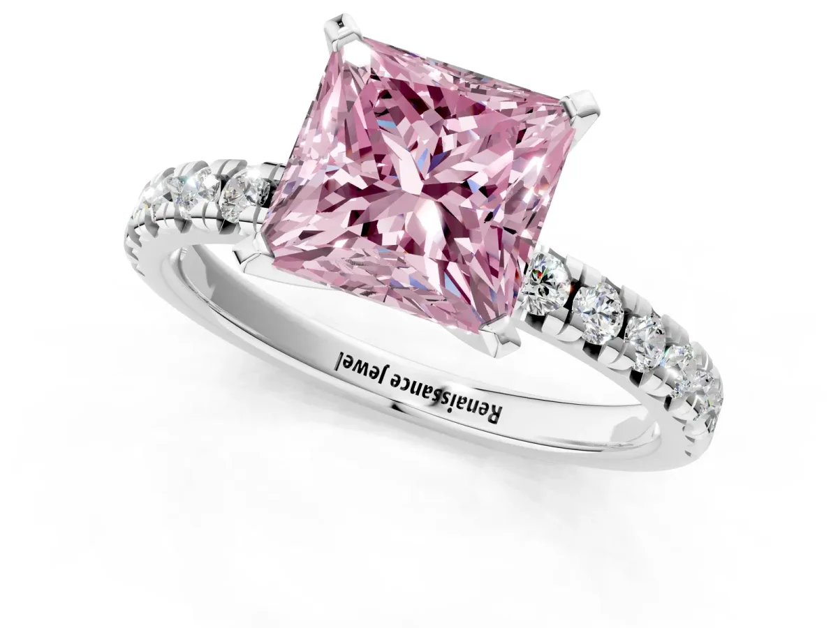 Fancy Pink Princess Cut Diamond Solitaire Pavé Engagement Ring with Round Band and Prong Setting White gold