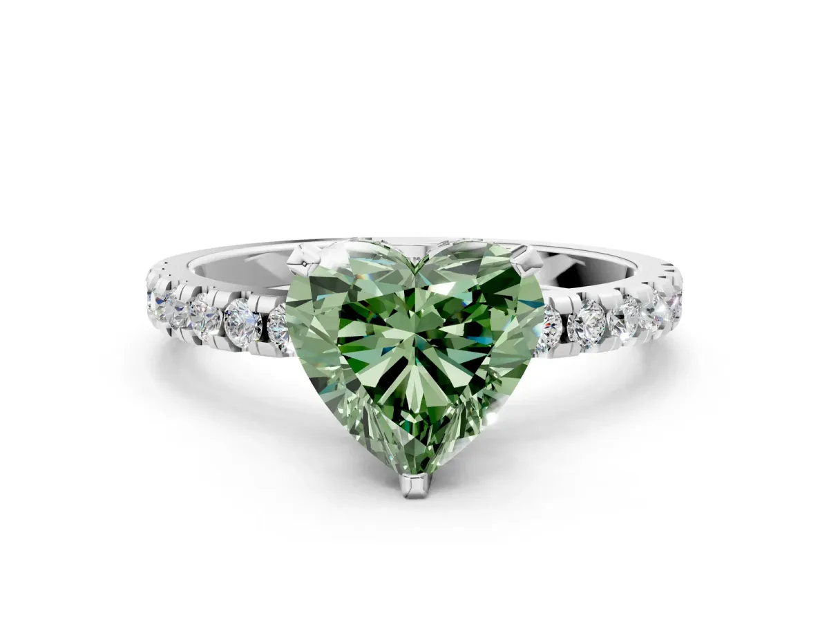 Fancy Green Heart Cut Diamond Solitaire Ring with Round Pavé Band and Four-Prong Setting White gold