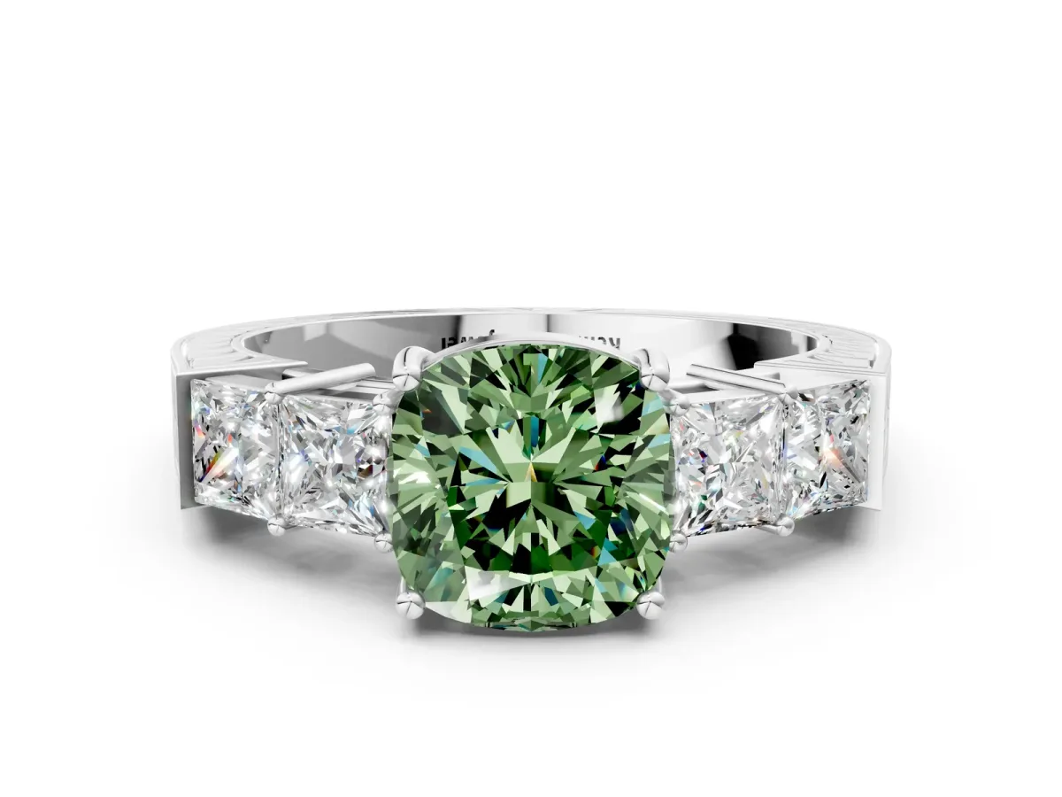 Fancy Green Cushion Cut Solitaire Princess Side Stone Engraved Band Prong Setting Ring Silver