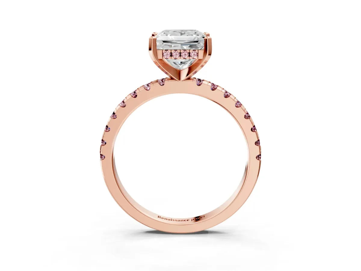 Princess Cut Diamond Solitaire Ring with Round Morganite Pavé Band and Four-Prong Setting Rose gold