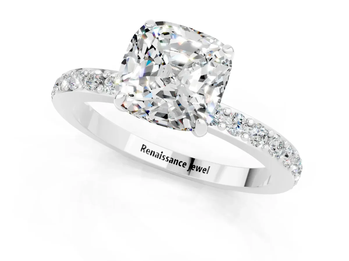 Cushion Cut Moissanite Solitaire Engagement Ring with Pavé Band and Four-Prong Setting White gold