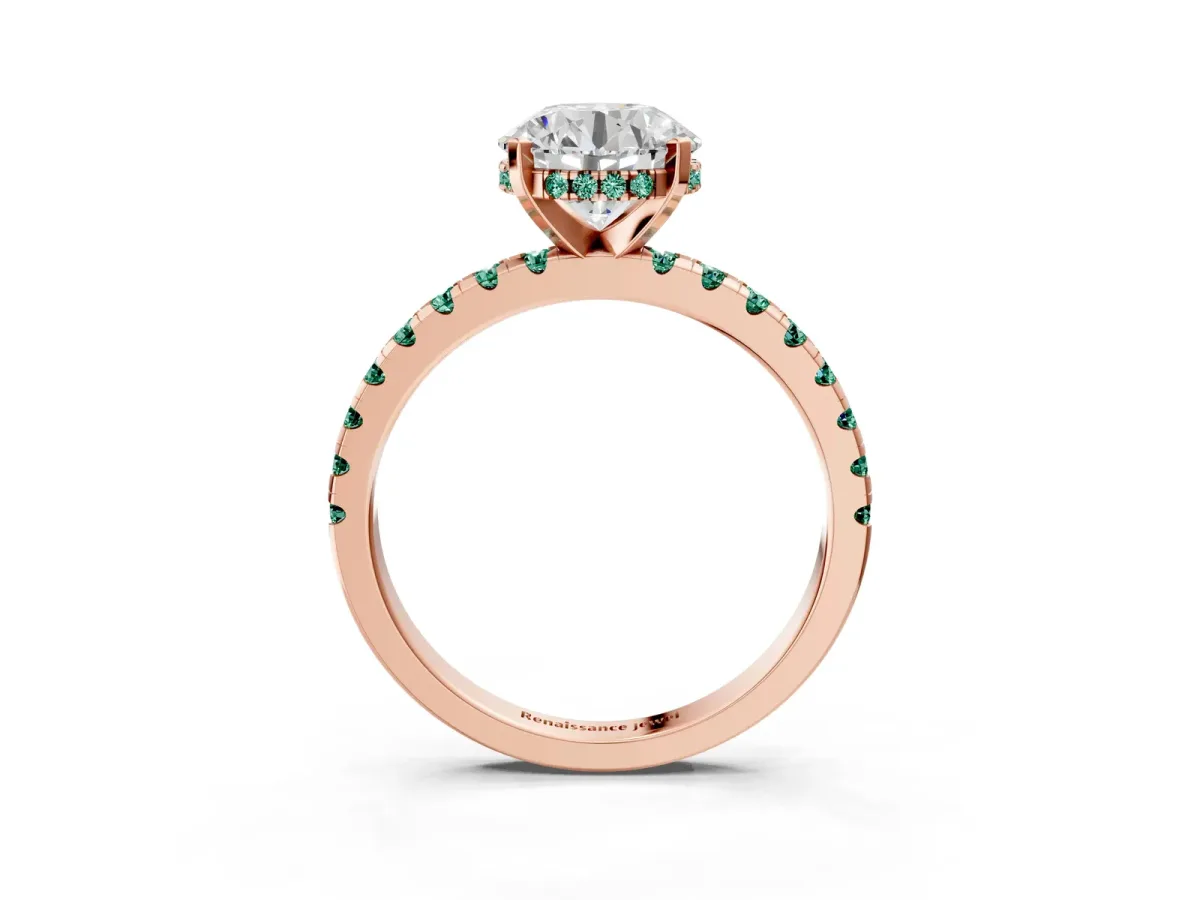 Round Cut Diamond Solitaire Ring with Round Green Sapphire Pavé Band and Four-Prong Setting Rose gold