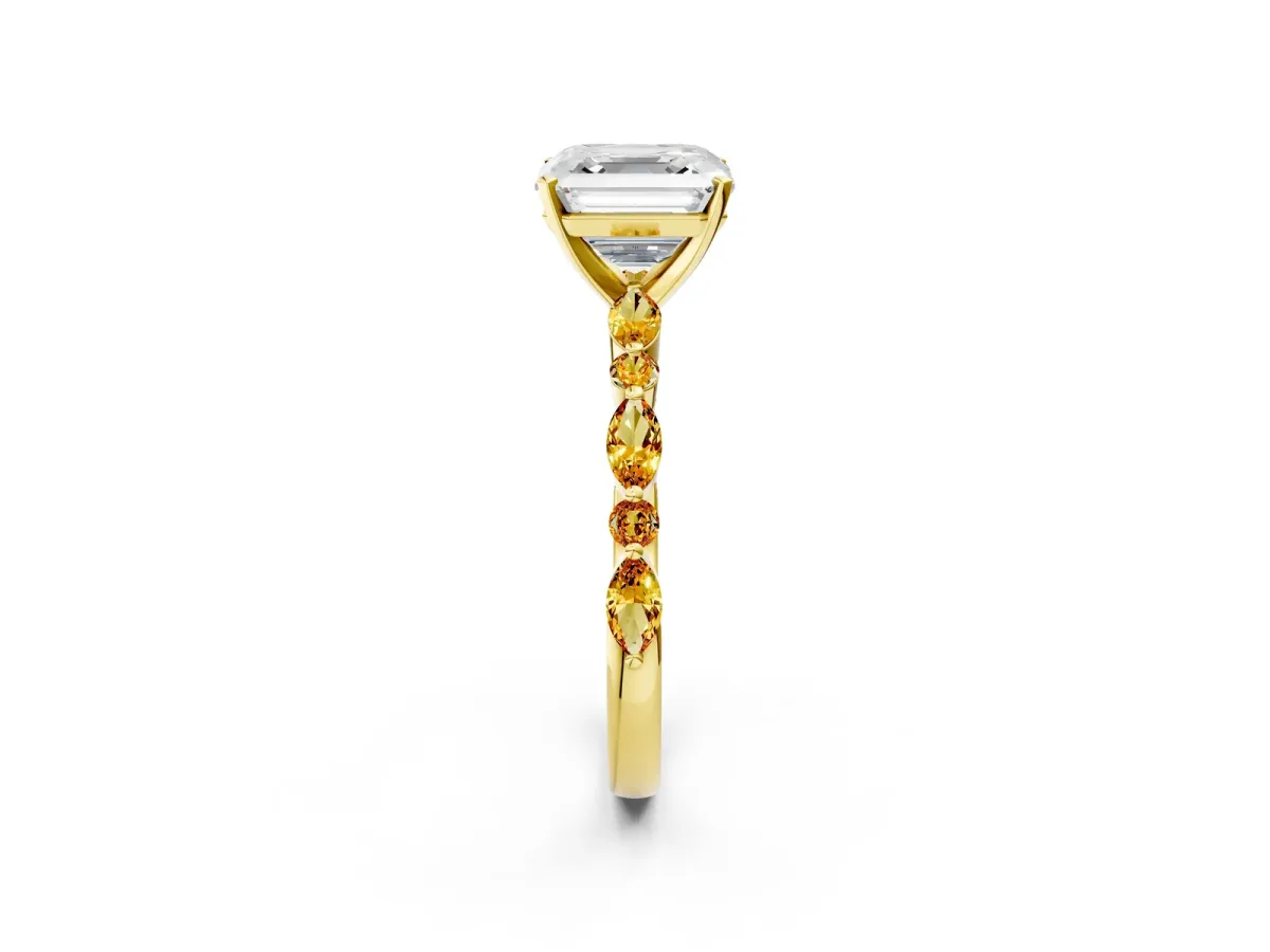 Asscher Cut Diamond Ring with Marquise and Round Citrine Side Stones and Four-Prong Setting Yellow gold