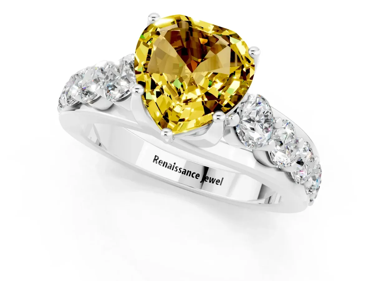 Heart Cut Yellow Sapphire Engagement Ring with Pavé Band and Four-Prong Setting White gold