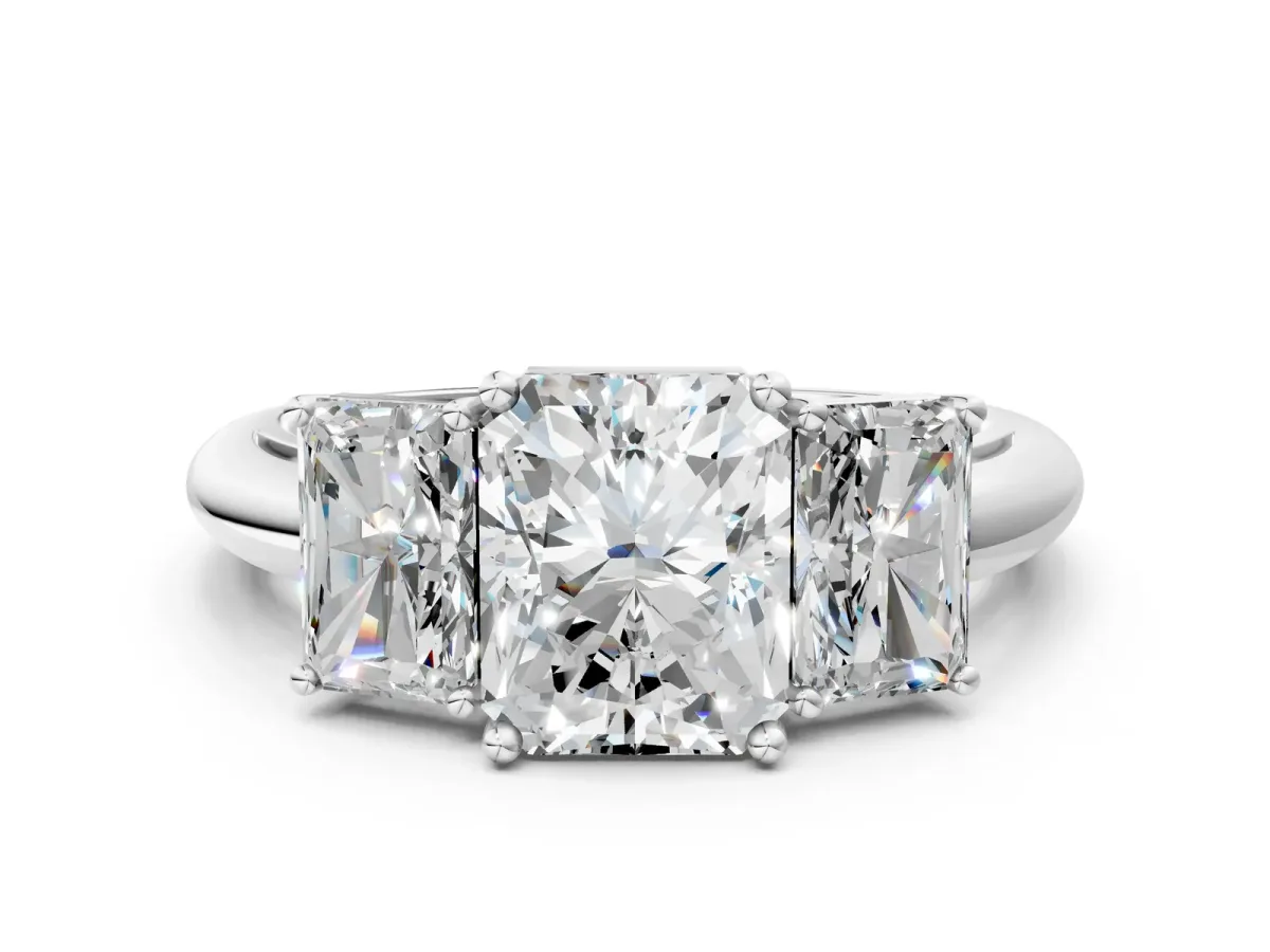 Three-Stone Radiant Cut Cut Diamond Engagement Ring with Prong Setting on a White Gold Band Silver