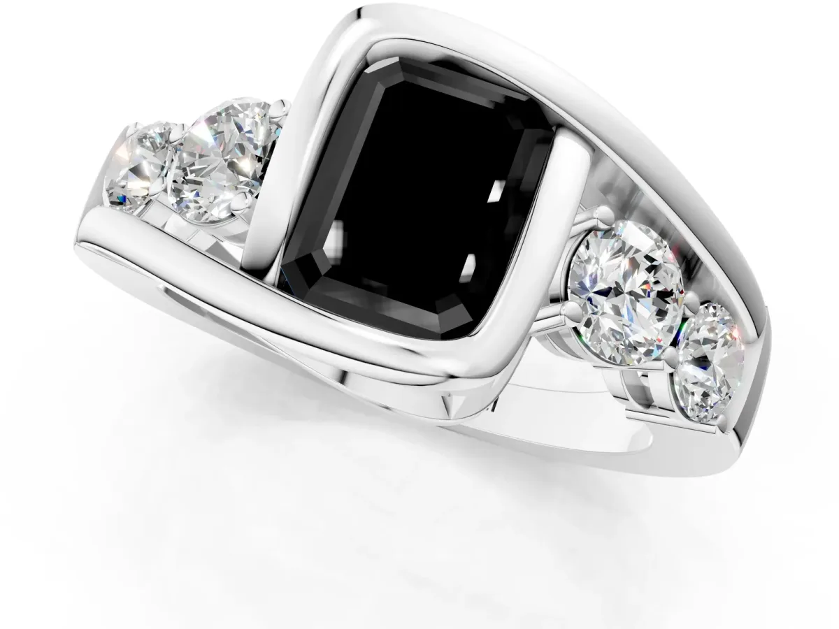 Fancy Black Bezel Set Emerald Cut Diamond Bypass Ring with Round Accents Silver
