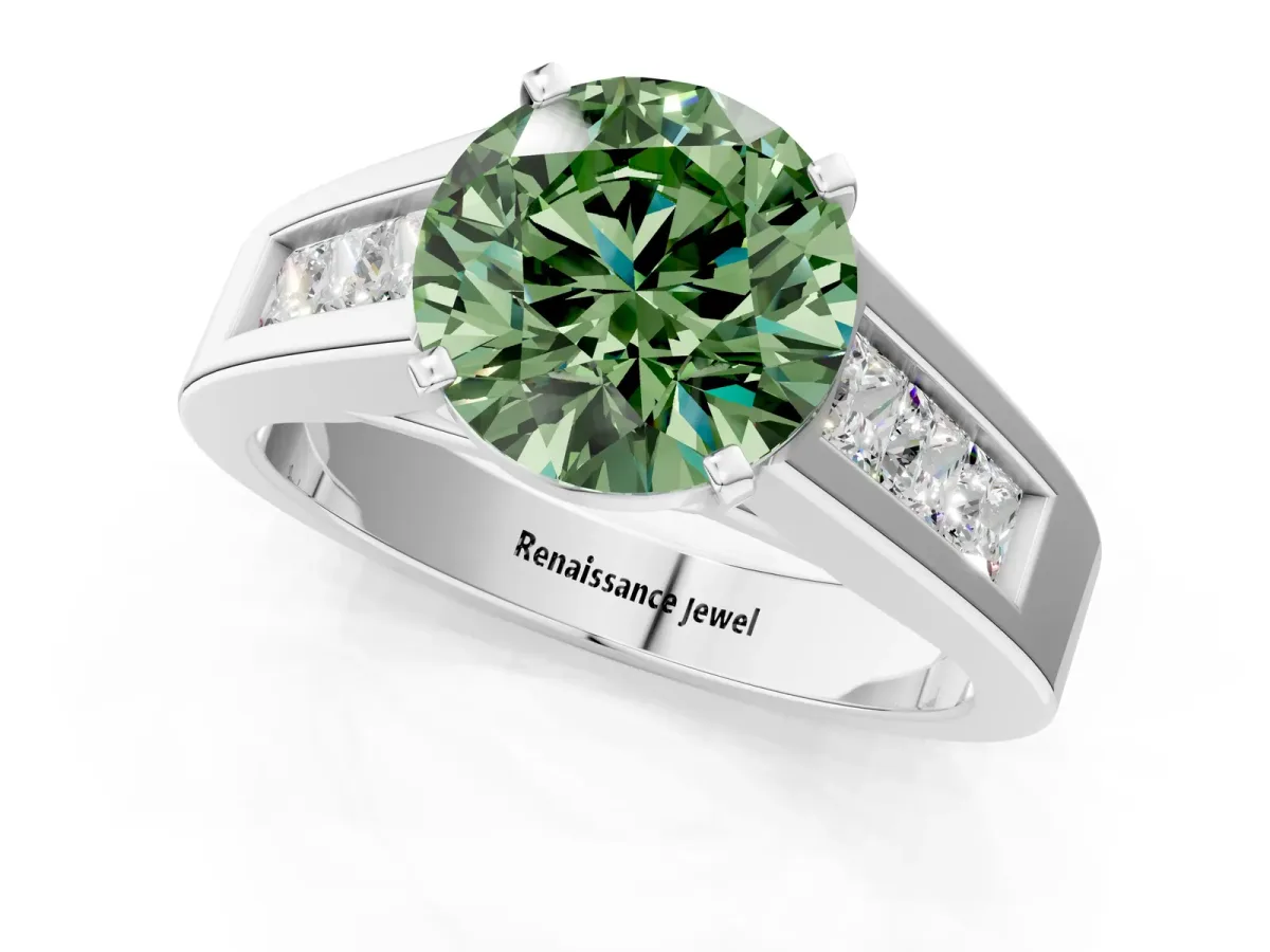 Fancy Green Round Cut Cut Channel Set Solitaire Ring with Four-Prong Setting White gold