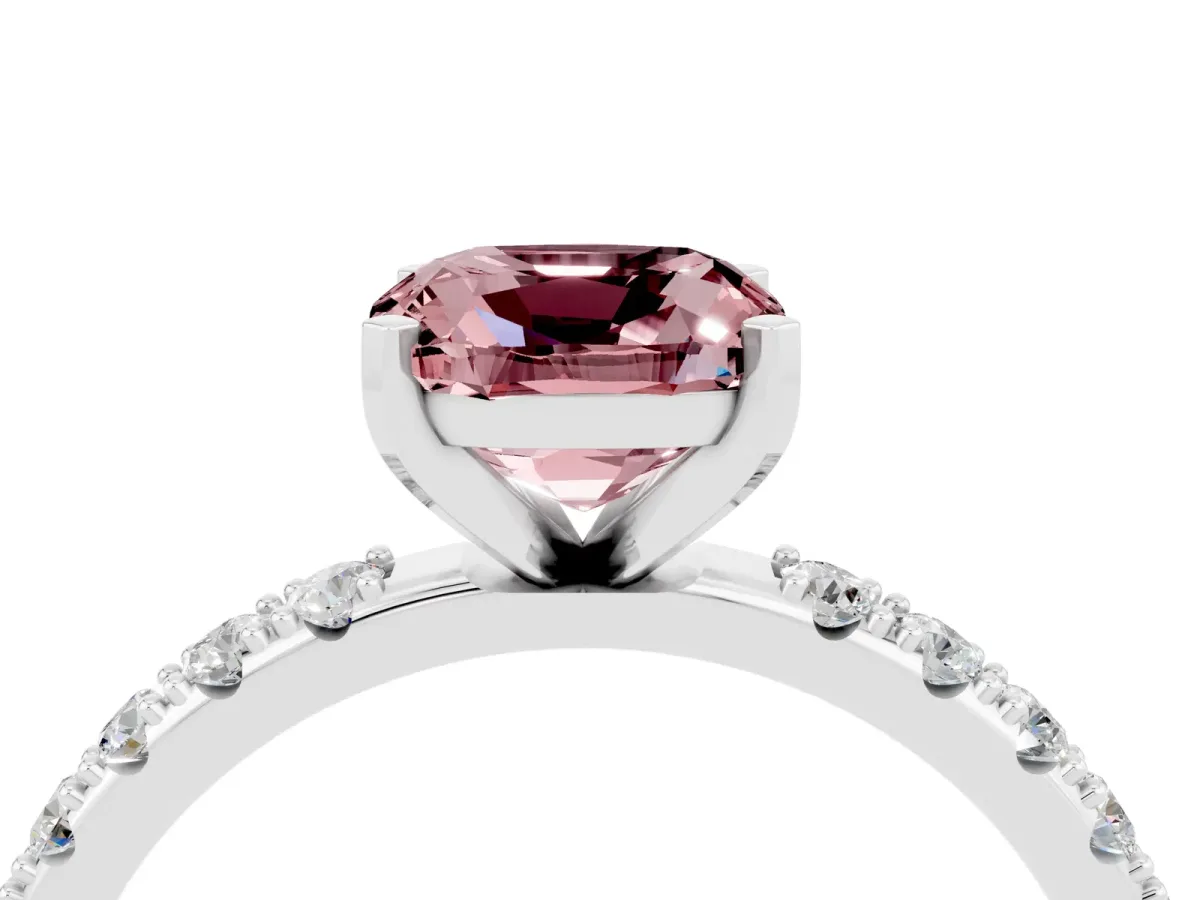 Cushion Cut Morganite Solitaire Pavé Band with Four-Prong Setting Platinum