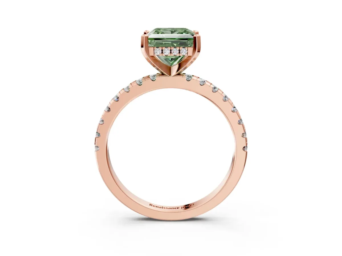 Fancy Green Princess Cut Diamond Solitaire Ring with Round Pavé Band and Four-Prong Setting Rose gold