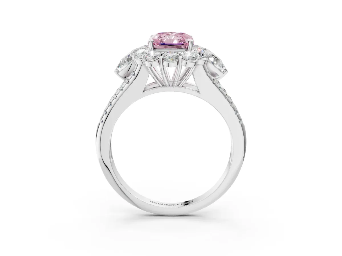 Fancy Pink Radiant Cut Halo Split Shank Diamond Engagement Ring with Prong Setting Platinum