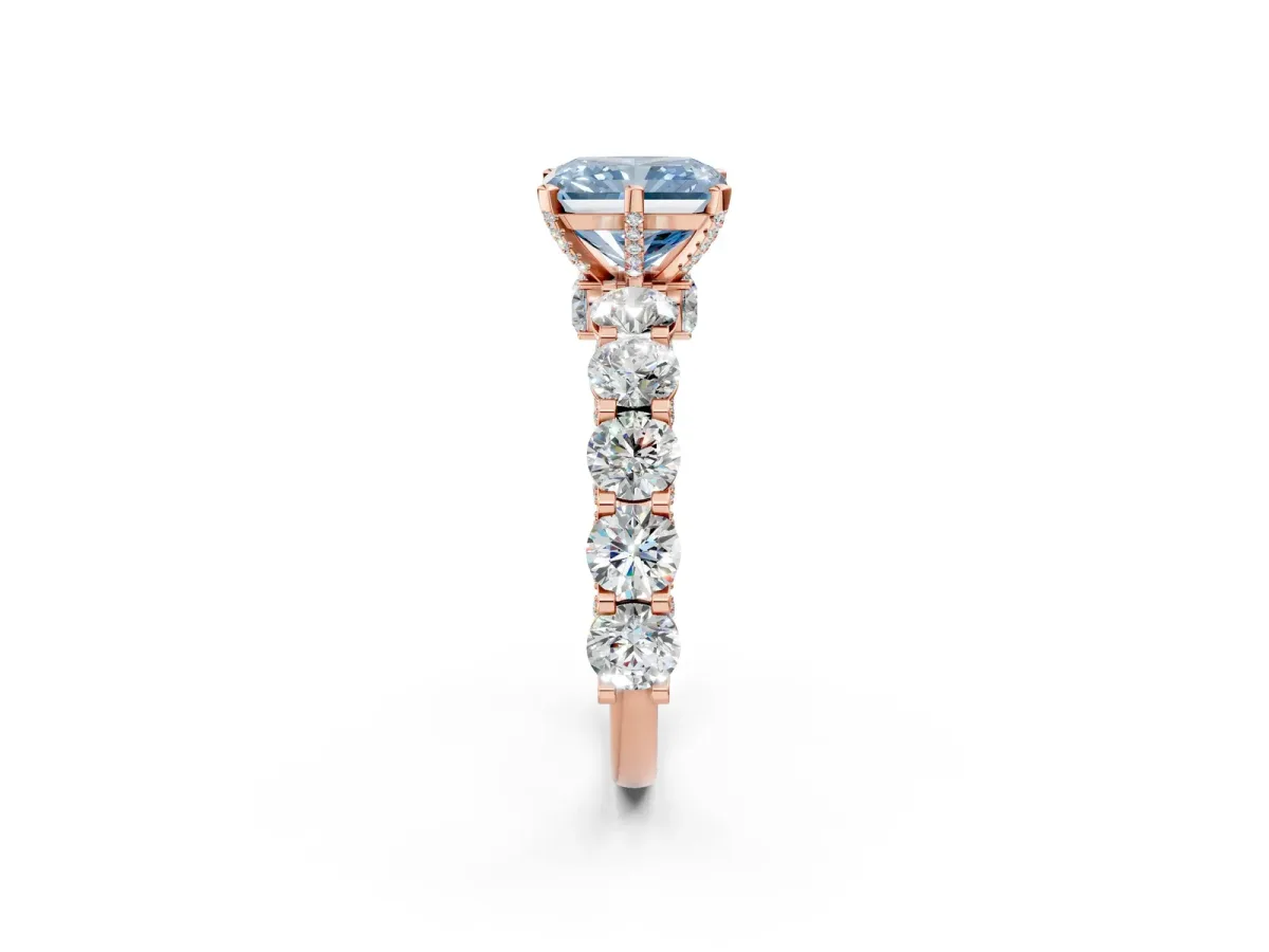 Fancy Blue Radiant Cut Diamond Side Stone Engagement Ring with Four-Prong Setting Rose gold