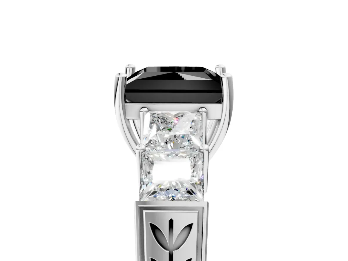 Fancy Black Princess Cut Solitaire Princess Side Stone Engraved Band Prong Setting Ring Platinum