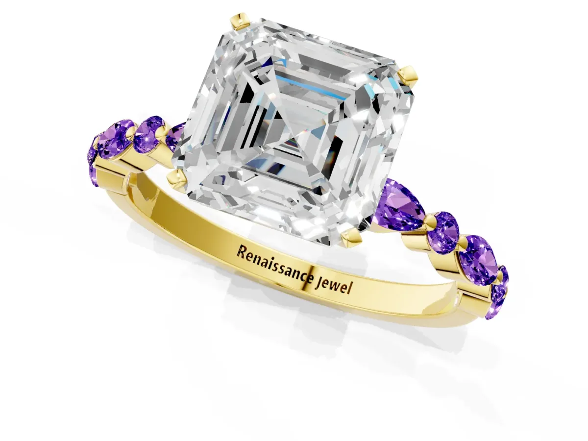 Asscher Cut Diamond Ring with Marquise and Round Tanzanite Side Stones and Four-Prong Setting Yellow gold