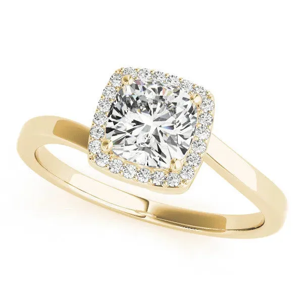 Cushion Cut Halo Solitaire Engagement Ring with Round Diamond and Four-Prong Setting Yellow gold