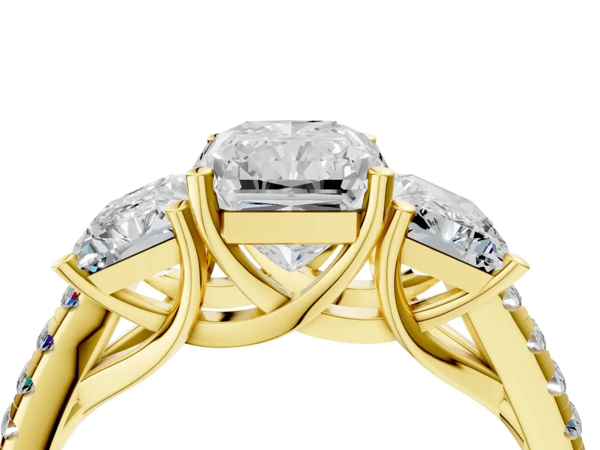 Three-Stone Radiant Cut Diamond Ring with Round Moissanite Pavé Band and Prong Setting Yellow gold