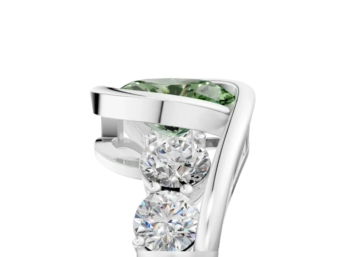 Fancy Green Bezel Set Oval Cut Diamond Bypass Ring with Round Accents Silver
