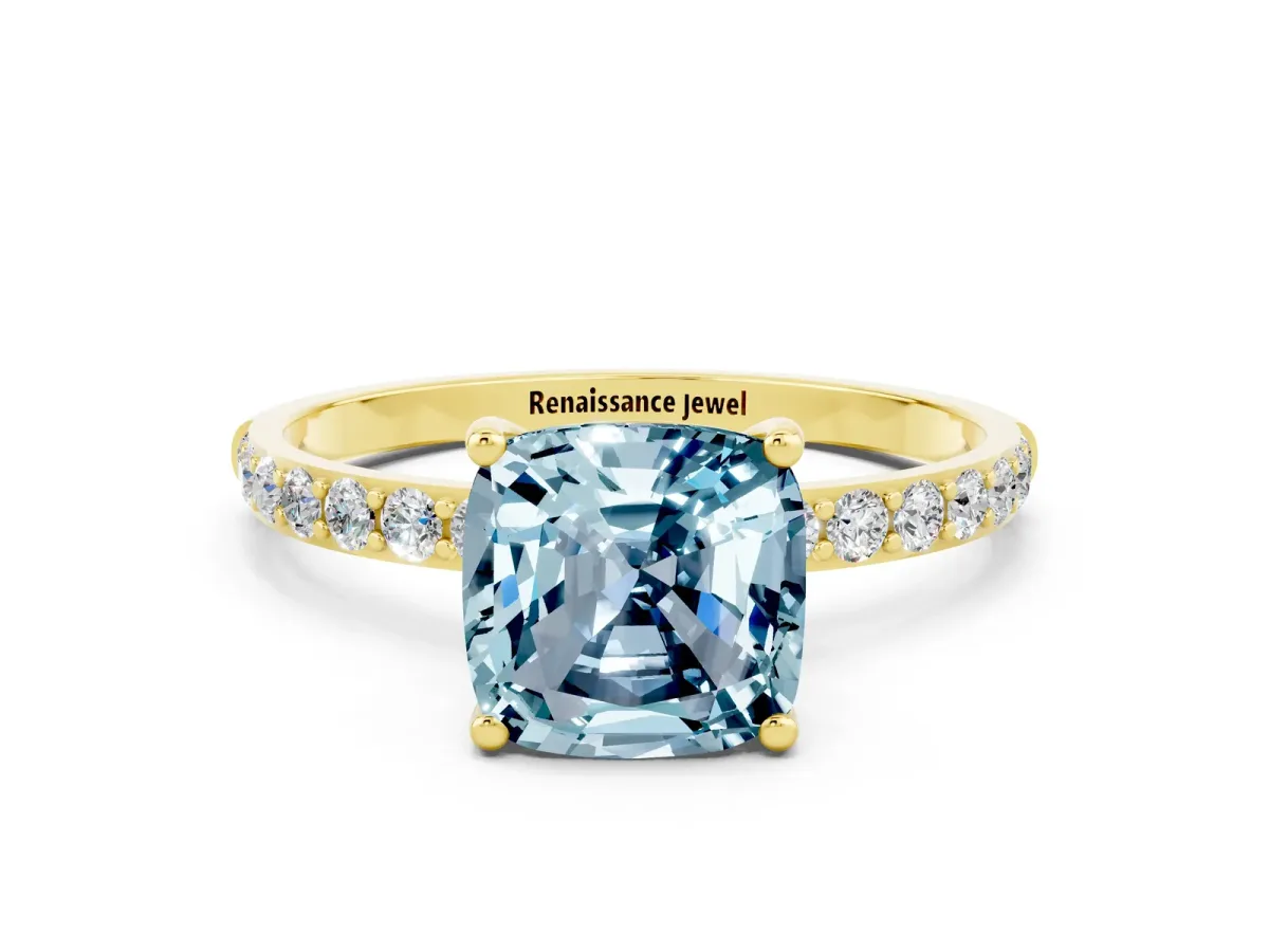 Cushion Cut Aquamarine Solitaire Ring with Round Pavé Band and Prong Setting Yellow gold