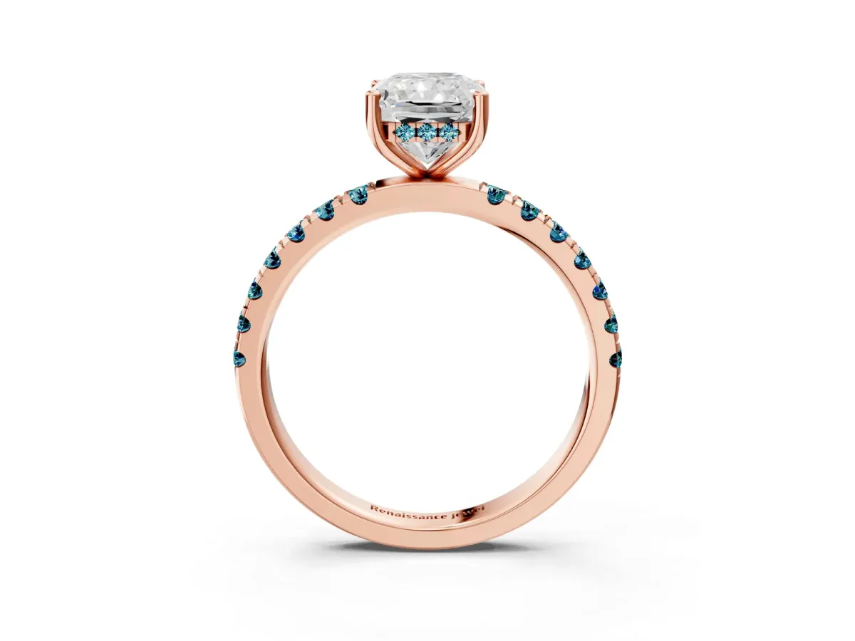 Radiant Cut Diamond Pave Band Solitaire Ring with Round Blue Topaz and Prong Setting Rose gold