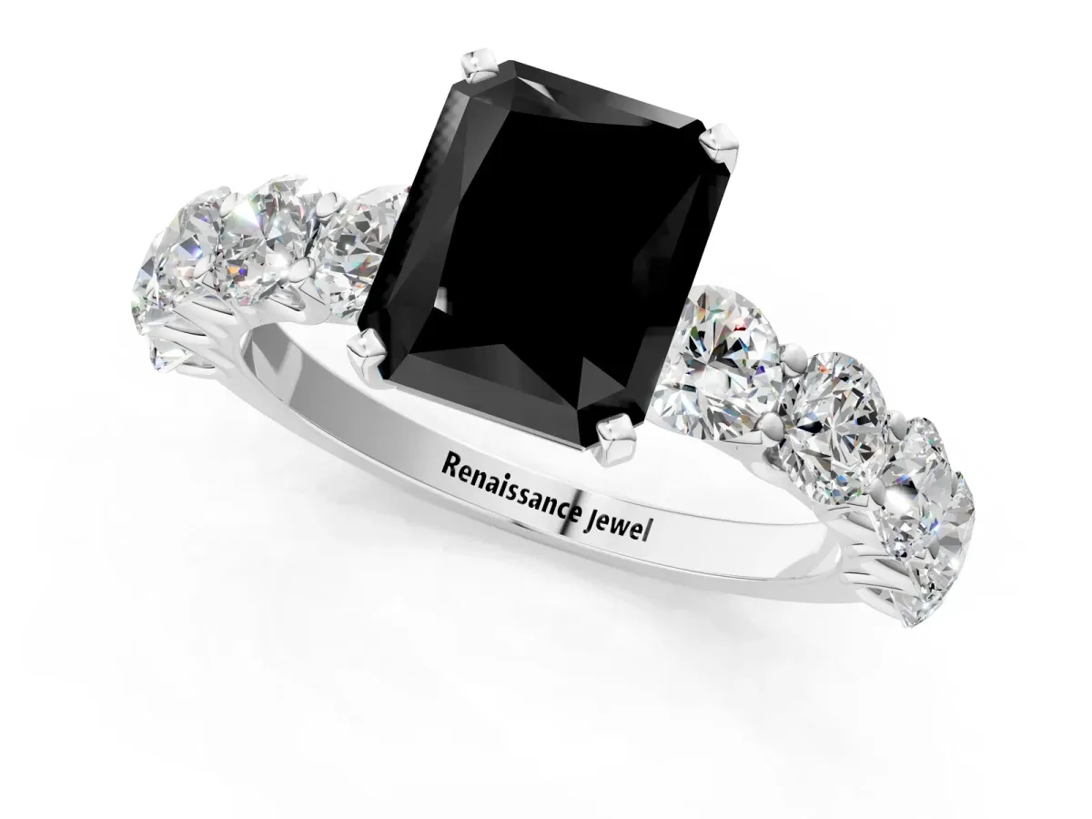 Fancy Black Radiant Cut Diamond Prong Setting with Side Stones on a Pave Band Silver
