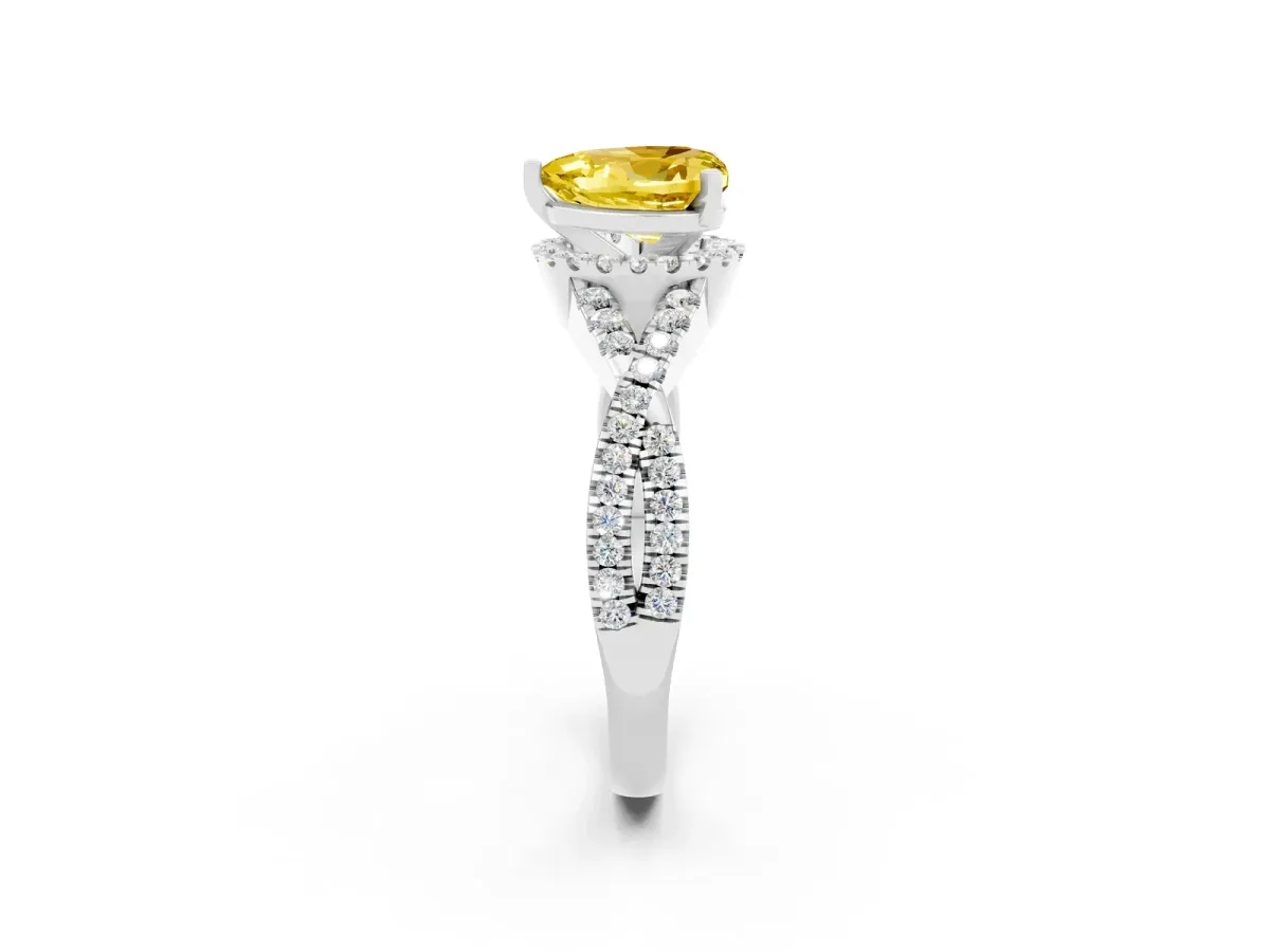 Heart Cut Yellow Sapphire Halo Twist Band Solitaire Prong Setting Ring White gold