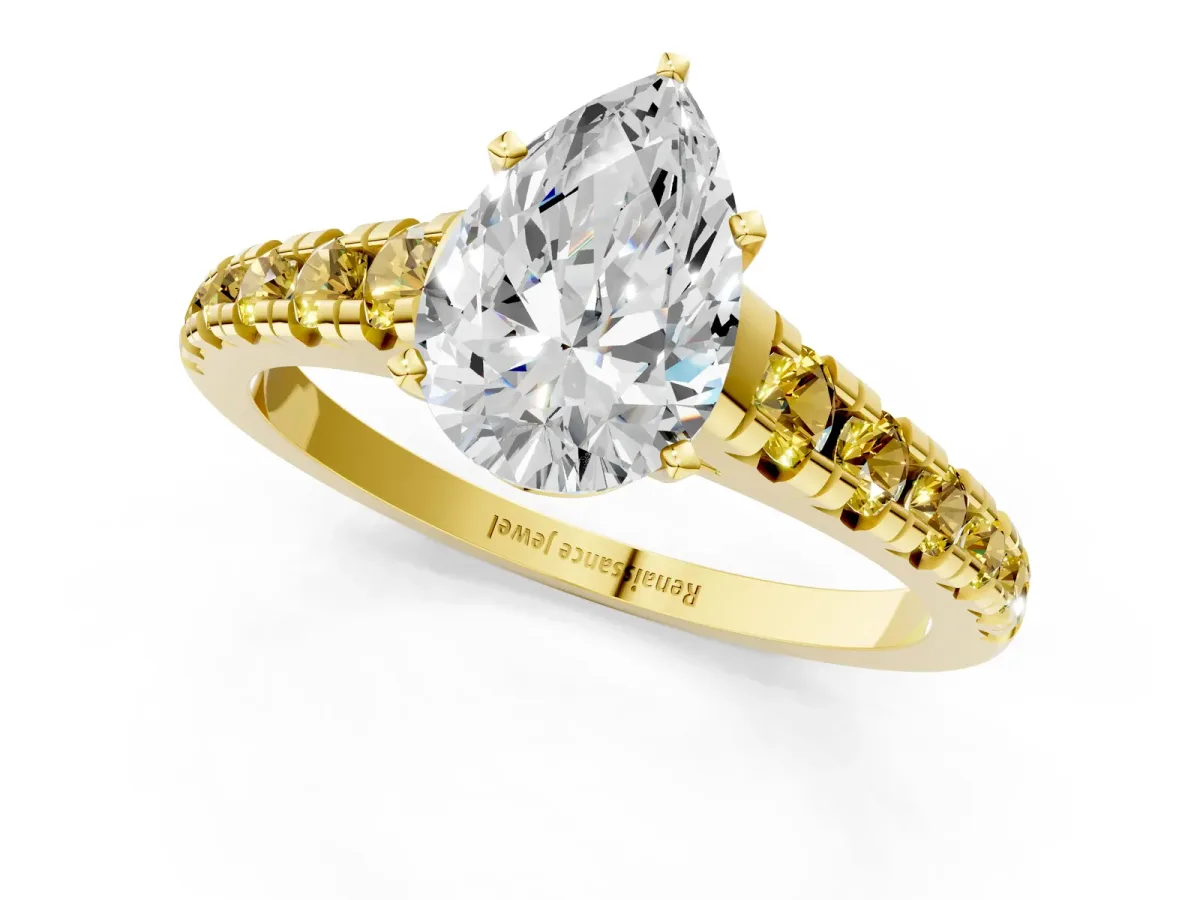 Pear Cut Diamond Cathedral Solitaire Ring with Round Yellow Sapphire Pavé Band Yellow gold