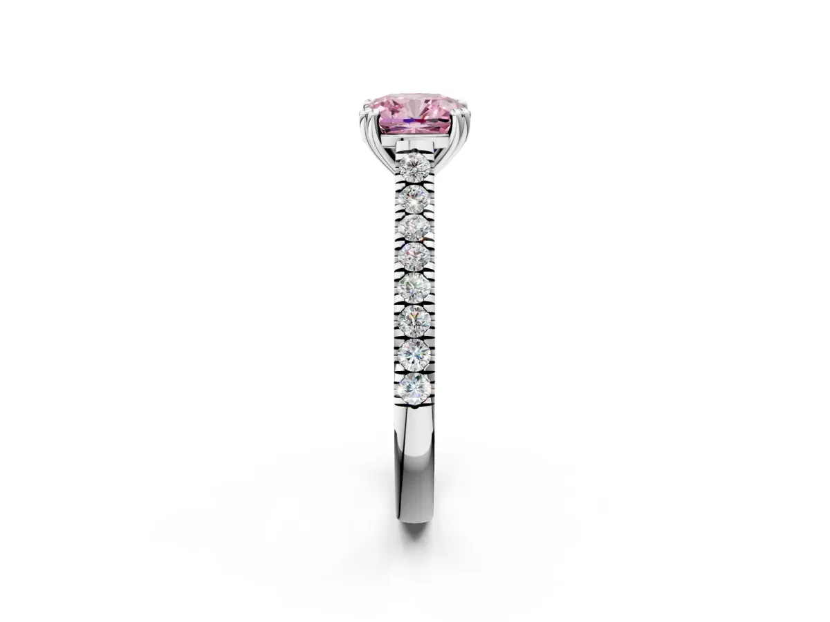 Fancy Pink Cushion Cut Solitaire Pave Diamond Engagement Ring with Prong Setting White gold